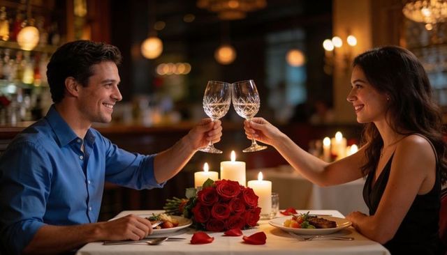 Romantic candlelit dinner couple toasting with crystal glasses and red roses