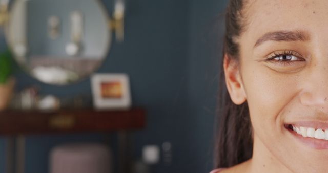 Close-Up of Young Woman Smiling in Modern Home Interior - Download Free Stock Images Pikwizard.com