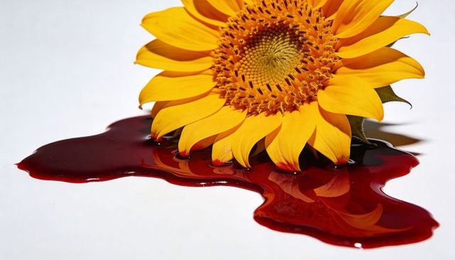 Sunflower dripping dark red liquid on white surface conceptual contrast and texture
