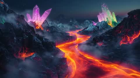 Mystical Lava River with Iridescent Crystals at Dusk
