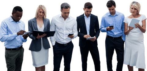 Transparent business professionals engaged with technology group