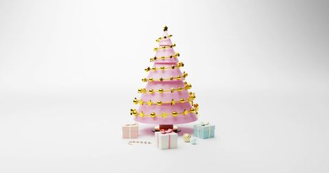 Whimsical Pink Christmas Tree with Gifts Spinning on Grey Background - Download Free Stock Images Pikwizard.com