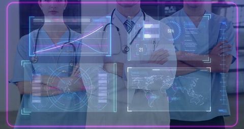 Medical Team with Futuristic Data Holograms in Hospital Hallway