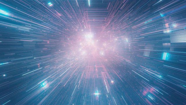 Futuristic neon light beams in digital hyperspace tunnel