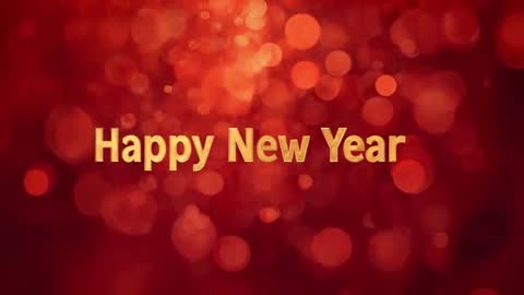Gold Happy New Year Text Animating Over Red Bokeh Backdrop with Festive Glow