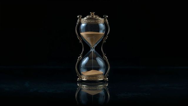 Ornate hourglass with flowing sand on reflective surface