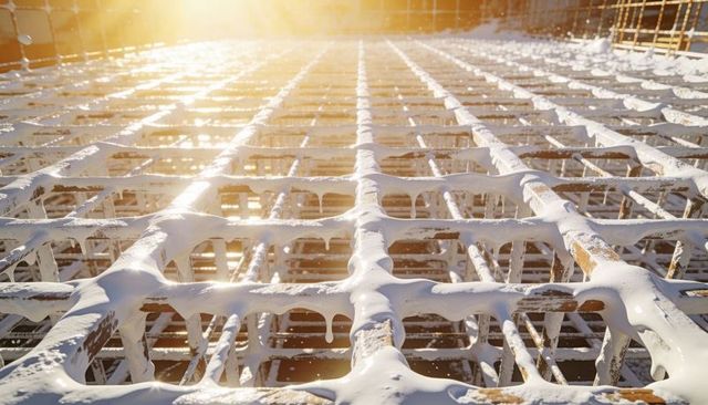 Sunlit metal reinforcement grid dripping viscous white coating on rooftop deck at sunrise