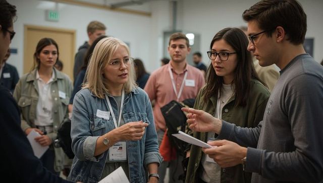 Colleagues discussing project at networking workshop wearing lanyards and holding papers