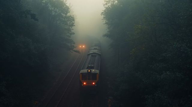 Train emerging through foggy forest on twin tracks at dusk