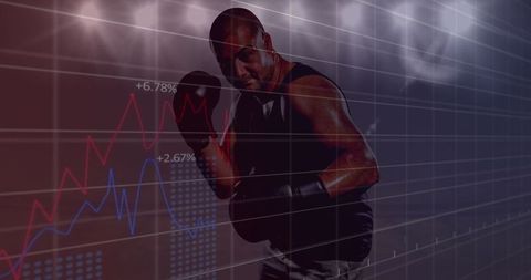 Boxer Engaging in Match Amidst Digital Data Projection