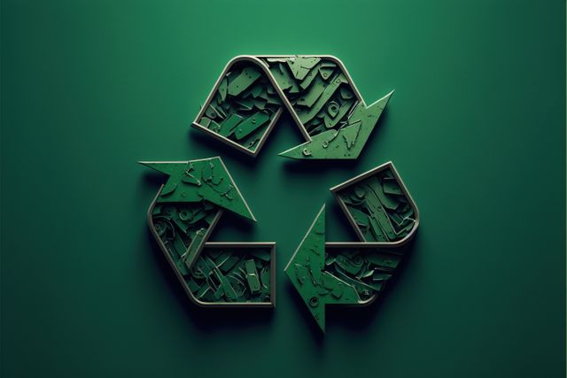 Recycling symbol with green shapes on green background, created using generative ai technology. Recycling and ecology concept digitally generated image.