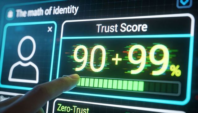 Futuristic trust score dashboard displaying high security rating with touchscreen progress bar