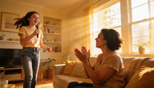Sunlit living room performance: teen girl singing with microphone while woman applauding