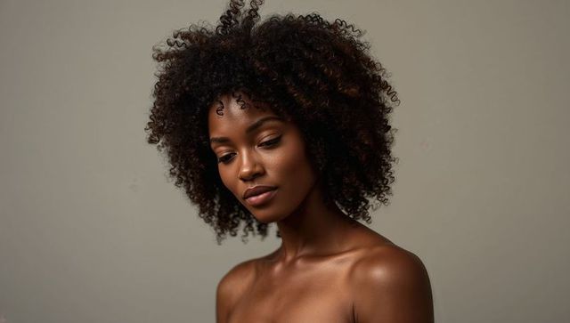 Black woman tilting head down with voluminous natural curls and glowing bare shoulders