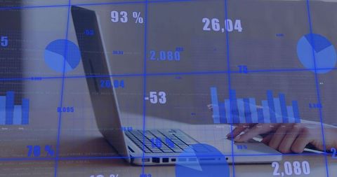 Typing businesswoman on laptop with blue analytics overlays, charts, graphs, dashboard visualization