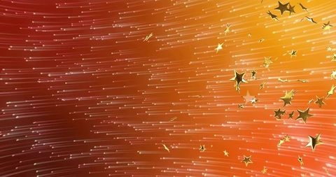 Golden stars floating over warm orange gradient, motion streaks and sparkling particles