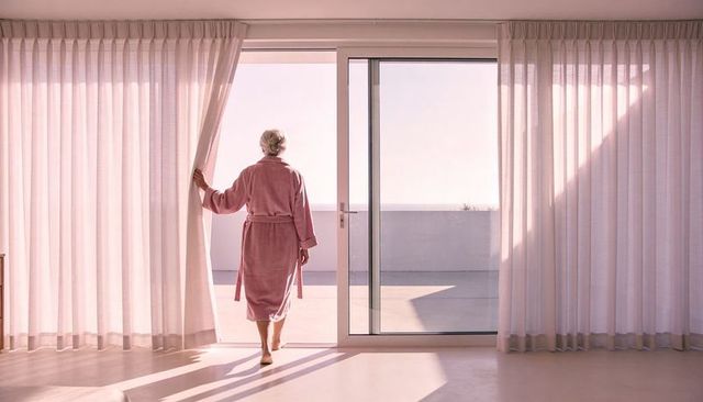 Senior woman stepping onto terrace in mauve robe pulling sheer curtains at sunrise
