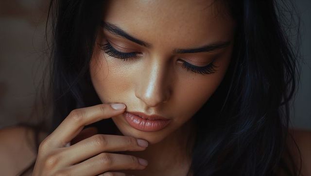Intimate beauty portrait of model lowering eyes and touching lip, long lashes, soft light