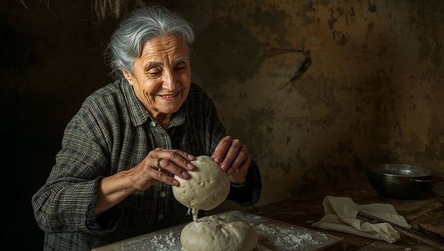 Smiling senior woman lifting dough over floured board in rustic home kitchen breadmaking