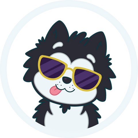 Playful husky cartoon wearing yellow sunglasses in transparent frame