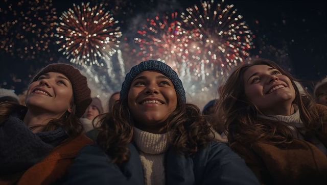 Joyous Women Watching Vibrant Fireworks Display at Night