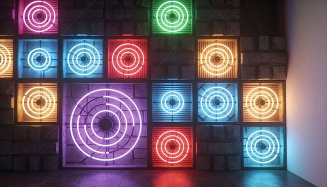Neon concentric rings glowing in colorful grid on industrial brick wall for modern design