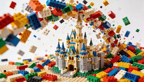 Fairytale castle rising from colorful building blocks with soaring bricks and motion