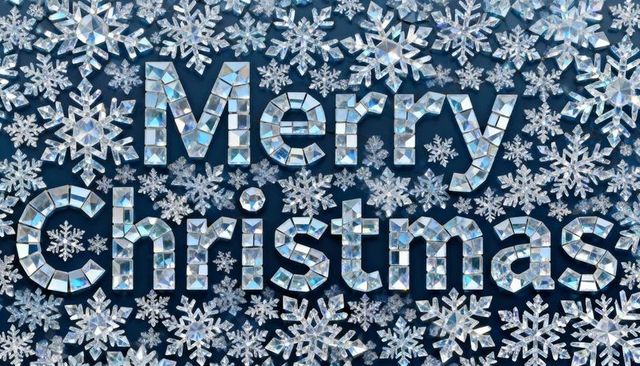 Mirrored Mosaic Merry Christmas Typography with Sparkling Crystal Snowflakes on Navy