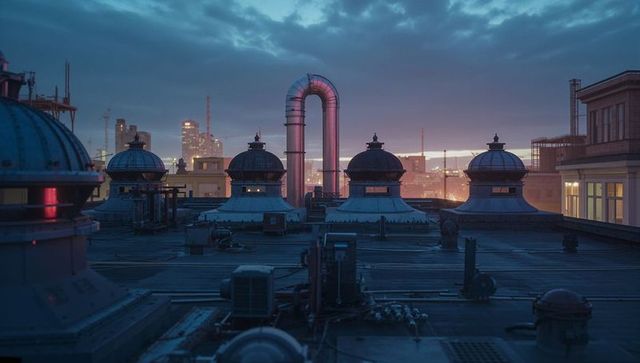 Industrial Rooftop Ventilation System at Dusk Featuring Cityline