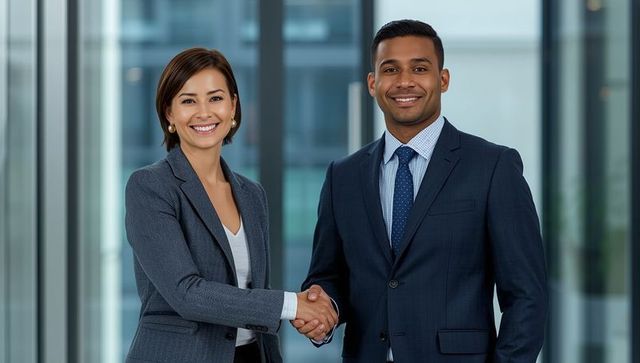 Business professionals handshake in modern office lobby