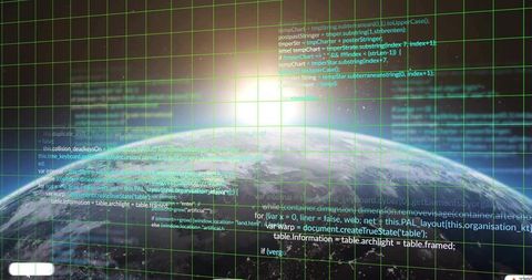 Digital Grid Over Earth with Code and Compelling Sunrise