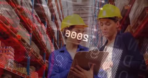 Warehouse Colleagues Analyzing Inventory with Digital Charts