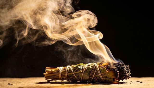 Smoldering sage smudge stick emitting curling smoke and glowing ember on rustic wooden table