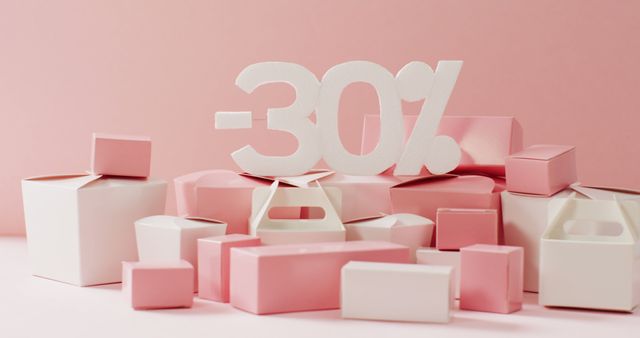 Colorful composition featuring a collection of pink and white gift boxes alongside a prominent '-30%' sign. Ideal for promoting sales, discounts, and special offers. Suitable for use in retail and e-commerce advertisements, marketing campaigns, or social media posts to attract customers with visually appealing designs.