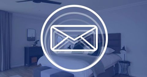Minimalist bedroom with email envelope overlay for hospitality and rental marketing