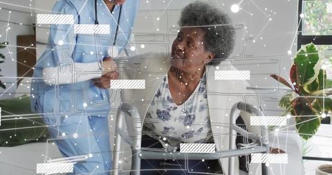 Caregiver assisting senior woman using walker at home with stethoscope and compassionate care