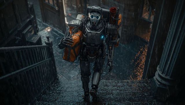 Rain-soaked humanoid robot ascending stone stairs carrying orange duffel in neon night