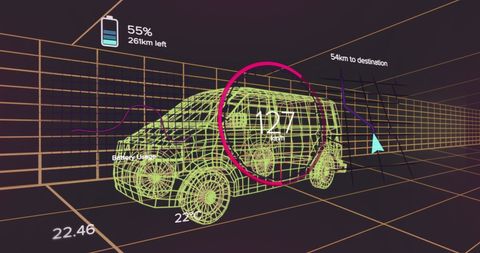 Futuristic van hologram with digital performance metrics display