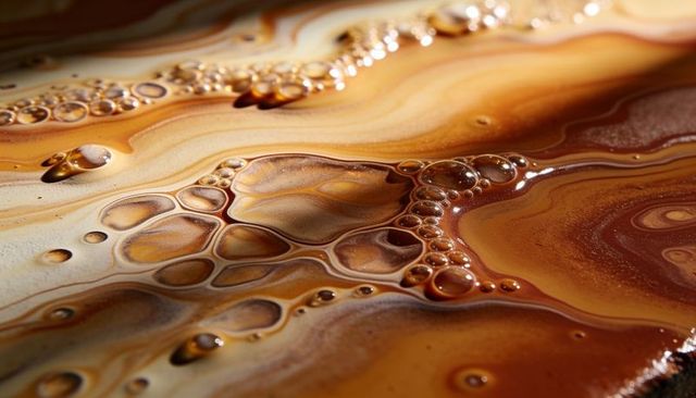 Swirling amber marbled liquid with clustered bubbles macro, abstract organic texture background