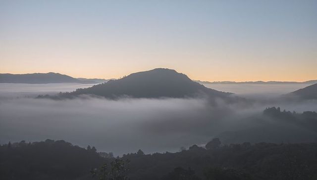 Sunrise mist rolling over rounded mountain ridge and forested valleys with soft pastel sky