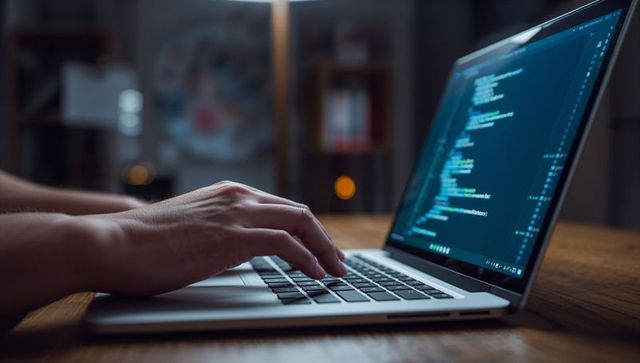 Hands typing code on laptop keyboard in warm home office, focused nighttime programming