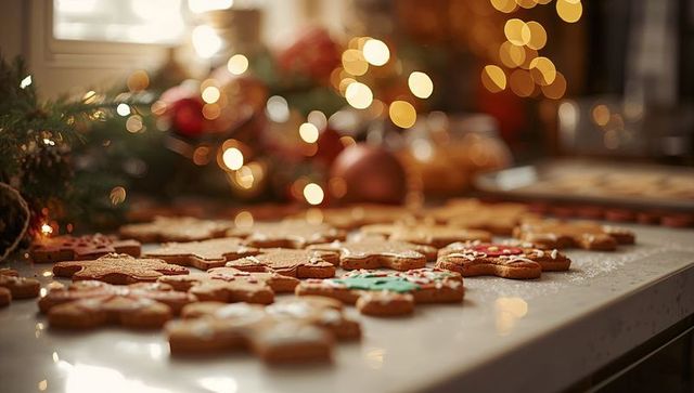 Warm holiday kitchen scene with decorated gingerbread cookies on counter and bokeh lights