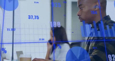 Colleagues Analyzing Financial Data with Overlay Graphics in Office