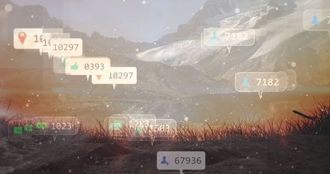 Social Media Engagement Icons Over Scenic Mountain Landscape