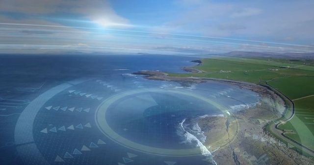 Aerial Visualization of Coastline with Futuristic Digital Overlay