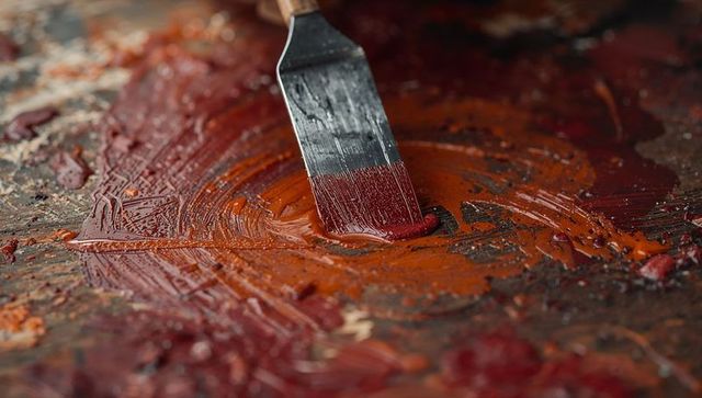Palette knife spreading thick red-orange oil paint on textured wooden palette