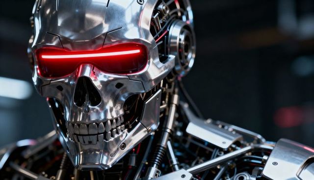 Shining chrome skull cyborg with glowing red visor and exposed mechanics