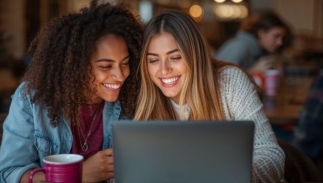 Smiling friends collaborating on laptop in cozy cafe with pink mug, warm ambient light