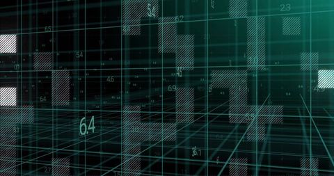 Teal 3D Data Grid Featuring Floating Cuboids, Numeric Labels and Network Visualization