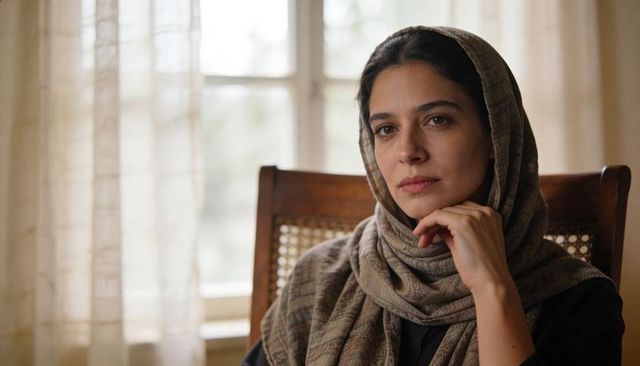 Contemplative woman wearing patterned headscarf sitting by window in soft daylight